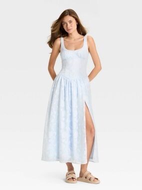 WILD FABLE Drop Waist Jacquard Tulle Trim Maxi High Slit A-line Dress Light Blue